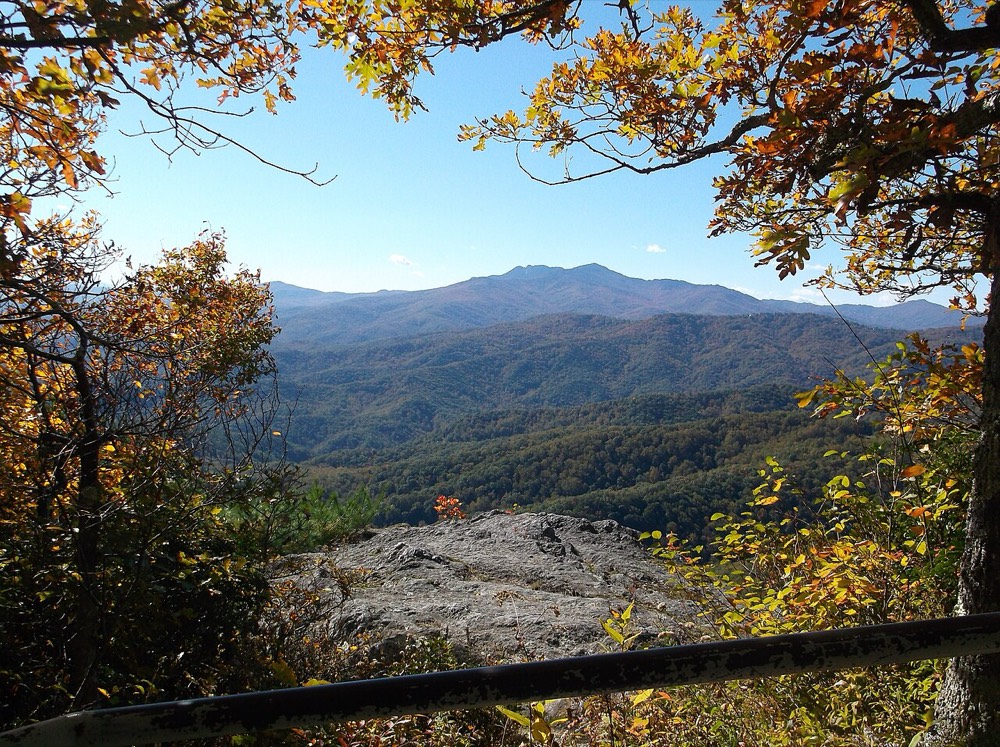 Autumn-framed view from The Blowing Rock looking out over the Blue Ridge Mountains, North Carolina