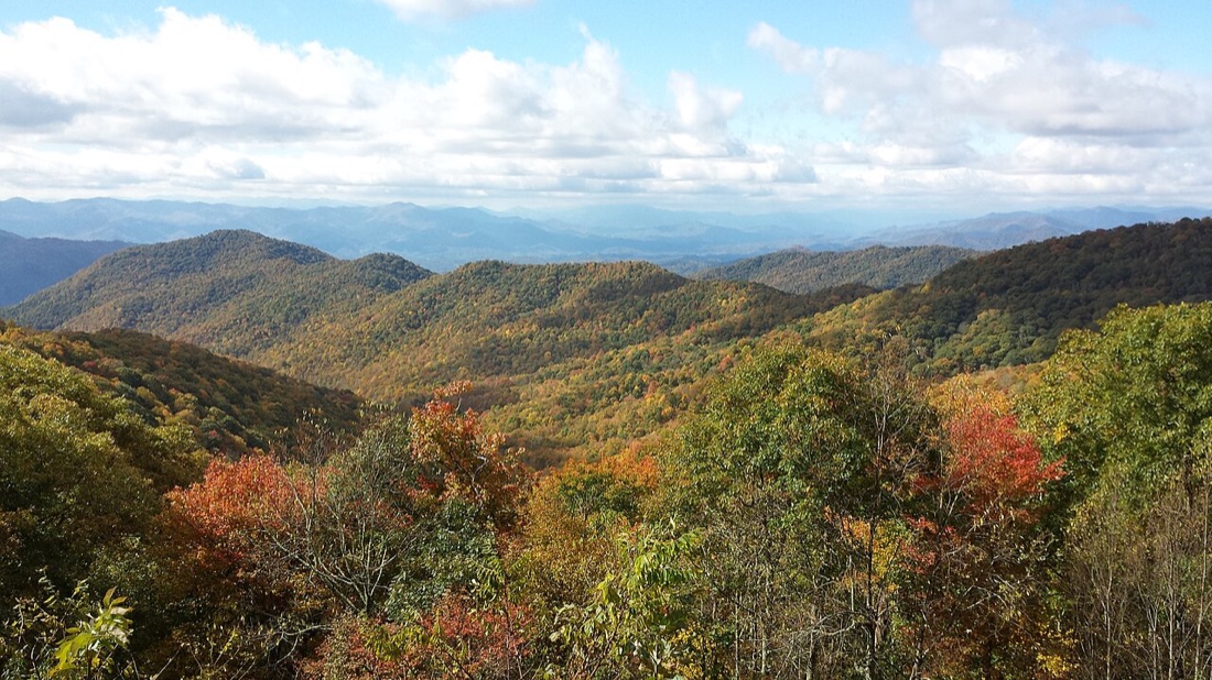 Blue Ridge Parkway overlook with layered ridgelines in peak autumn color, North Carolina