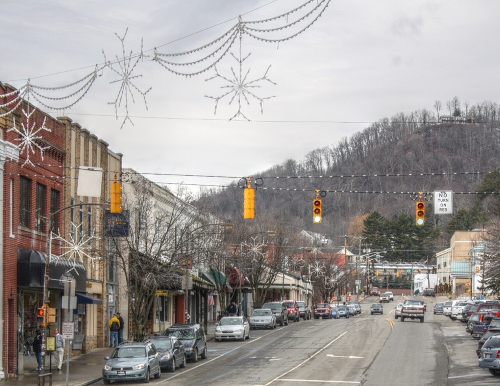 Downtown Boone, North Carolina — historic King Street storefronts with the mountains rising behind