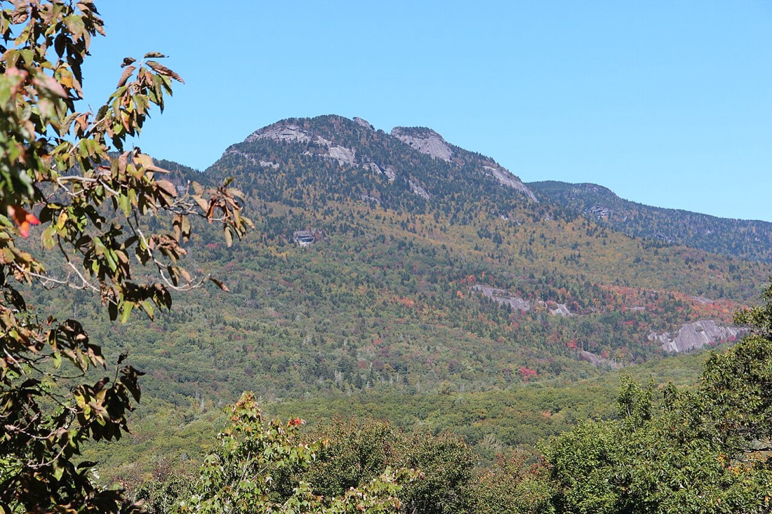 The distinctive profile of Grandfather Mountain under a clear blue sky, NC High Country