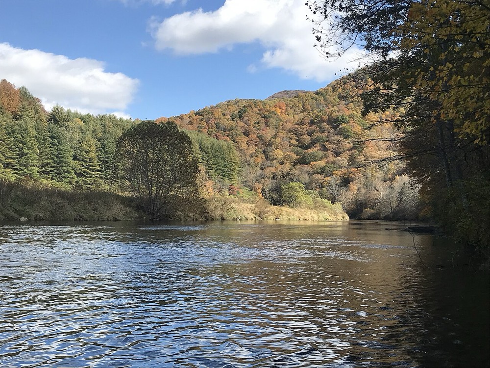 The New River flowing past an autumn hillside in Ashe County, North Carolina